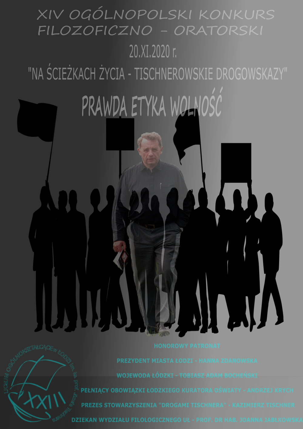 plakat konkursu 2020 grupa osób z transparentami i idąca postać profesora Tischnera