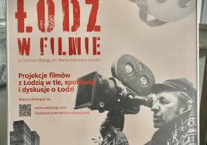 plakat informujacy o cyklu spotkań Łódź w filmie