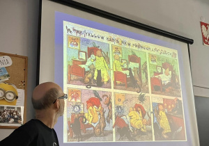 Prezentacja wyświetlona w sali dla uczniów podczas warsztatów komiksu
