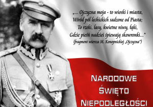 Piłsudski na tle flagi